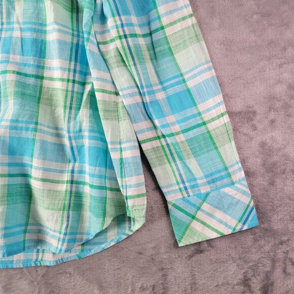 Talbots Women L‎ Button Up Shirt Plaid Long Sleeve 100% Cotton Casual Blue Green - Picture 3 of 9